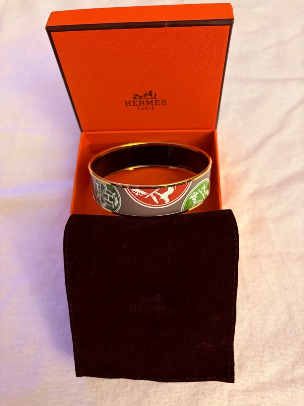 Hermès Wide Enamel Bangle Bracelet with Multicolor Medallion Motif